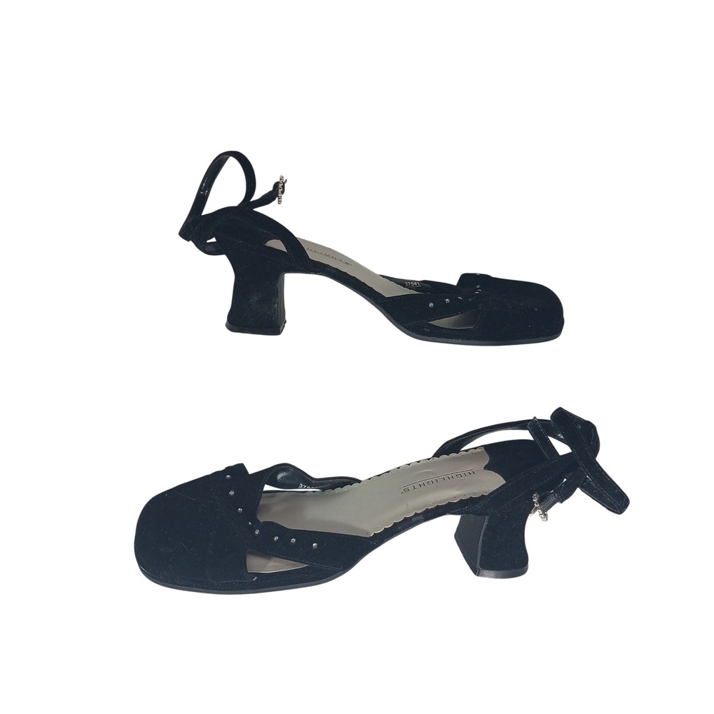 Velvet Rhinestone Block Heel Sandals 9W Black Y2K Vintage Chic Whimsigoth Goth